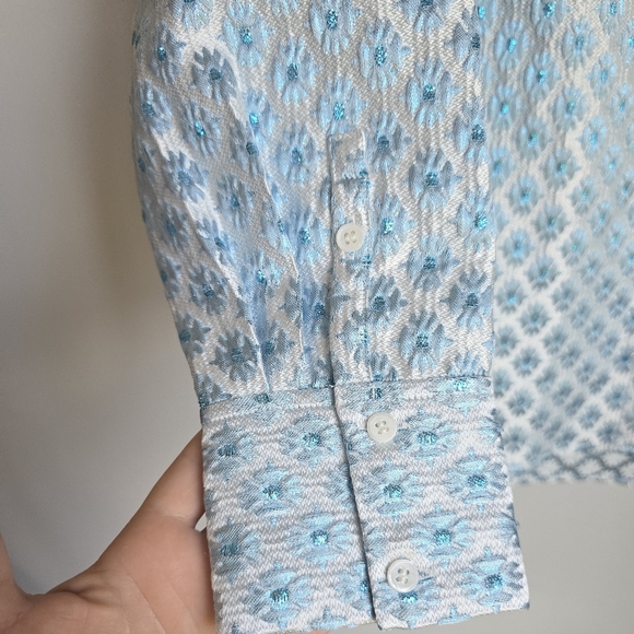 Hill House New The James Shirt Snowflake Brocade Metallic Blue Blouse SZ Small - Picture 4 of 11